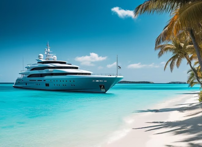 Yacht sailing in crystal-clear waters with stunning coastline in the background